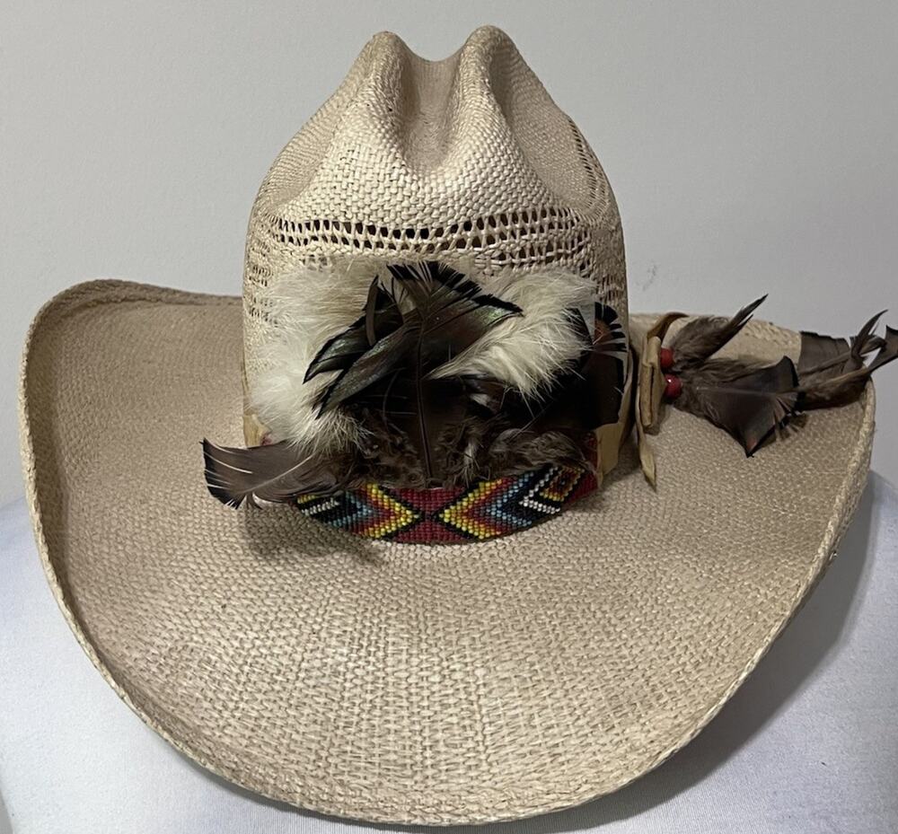 Eddy Bros Bunkhouse Jr Cowboy Hat w/ Buckskin Navajo Beaded Head Band Feathers